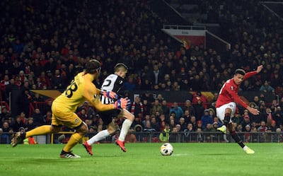 Manchester United's striker Mason Greenwood scores their first goal against Partizan Belgrade. AFP