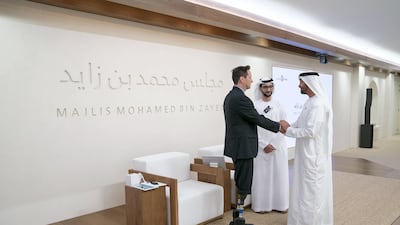 Sheikh Mohammed bin Zayed , Crown Prince of Abu Dhabi and Deputy Supreme Commander of the UAE Armed Forces greets Professor Hugh Herr, after attending his lecture, titled ‘The New Era of Extreme Bionics’, at Majlis Mohammed bin Zayed. Hamad Al Kaabi / Crown Prince Court - Abu Dhabi