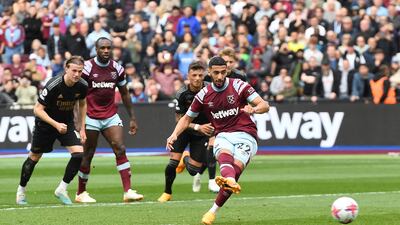 West Ham United's Said Benrahma scores from the penalty spot. EPA