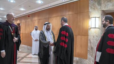 Sheikh Dr Sultan bin Muhammad Al Qasimi, Ruler of Sharjah and president of the American University of Sharjah, congratulates students on their graduation and hands them their degrees during their graduation ceremony on Saturday .Wam