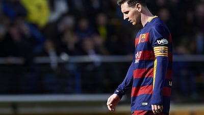 Lionel Messi of Barcelona reacts during the La Liga match between Villarreal CF and FC Barcelona at El Madrigal on March 20, 2016 in Villarreal, Spain. (Photo by Manuel Queimadelos Alonso/Getty Images)