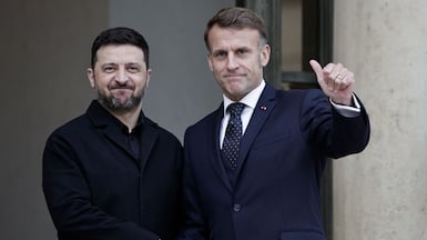 Emmanuel Macron with Volodymyr Zelenskyy in Paris. AFP