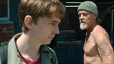 Austin Abrams, left, and Josh Brolin play father and son in the thriller Whalefall. Photo: 20th Century Studios