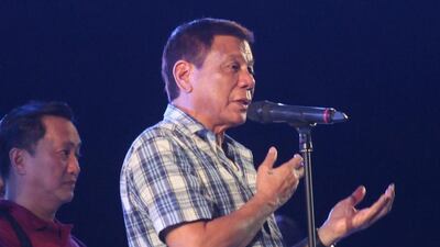 Philippine president-elect Rodrigo Duterte at his election victory celebration in Davao city in southern Philippines June 4, 2016. Mr Duterte has encouraged the public to help him in his war against crime, telling a huge crowd in the southern city of Davao that Filipinos who help him battle crime will be rewarded. Lean Daval Jr / Reuters