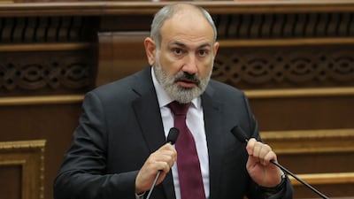 Armenian Prime Minister Nikol Pashinyan addresses the parliament in Yerevan. Armenia said 49 of its soldiers had been killed in the worst clashes with Azerbaijan since their war two years ago. AFP
