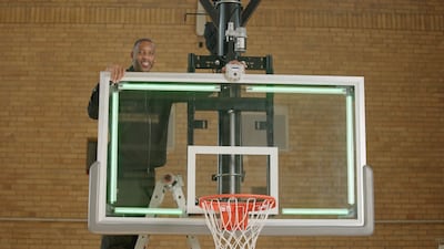Huupe's chief innovation officer, Tracy McGrady, shows off the company's new Arena Upgrade Kit. Photo: Huupe