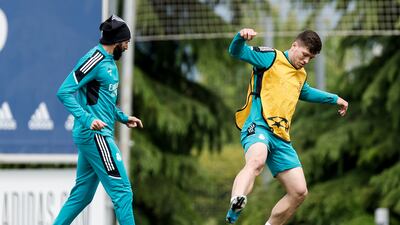 Luka Jovic and Benzema during Real Madrid's training session on Tuesday. Getty