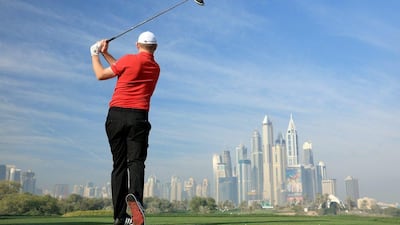 DUBAI, UNITED ARAB EMIRATES - FEBRUARY 03: Stephen Gallacher of Scotland plays from the eighth tee during the pro-am as a preview for the 2016 Omega Dubai Desert Classic on the Majlis Course at the Emirates Golf Club on February 3, 2016 in Dubai, United Arab Emirates. (Photo by David Cannon/Getty Images)