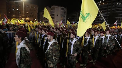 Hezbollah members during a parade in the group's southern suburb stronghold in Beirut on May 31, 2019. AFP