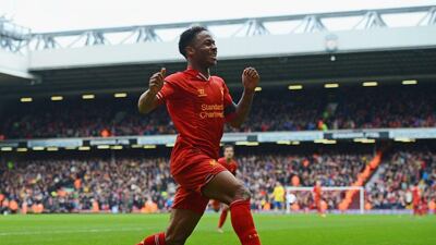 Raheem Sterling celebrates his goal on Saturday, Liverpool's fifth. Michael Regan / Getty Images