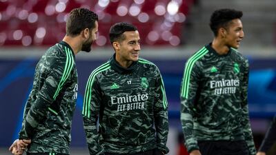 Lucas Vazquez takes part in a Real Madrid training session in Leipzig. EPA