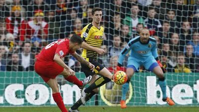 Liverpool's Philippe Coutinho shoots at goal against Watford in the Premier League on Sunday. Cathal McNaughton / Reuters / December 20, 2015