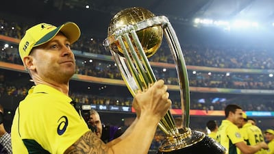 Michael Clarke lifts the 2015 World Cup after Australia beat New Zealand in Melbourne. Getty