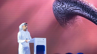 Khalfan Belhoul, CEO of the Dubai Future Foundation, delivering his keynote speech at the third edition of the Dubai Future Forum at the Museum of the Future. Photo: Dubai Future Foundation.