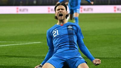 Iceland midfielder Arnor Traustason celebrates after scoring his team's second goal. AFP