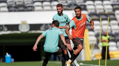 Cristiano Ronaldo and teammates during the team's training session at Bessa stadium in Porto on September 6, 2020. Portugal will face Sweden in their UEFA Nations League match on September 8, 2020. EPA