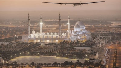 The Solar Impulse 2, a solar-powered plane, flies over Abu Dhabi’s Sheikh Zayed Grand Mosque in preparation for next month’s round-the-world flight. The plane has a wingspan of 72 metres, larger than that of a Boeing 747, but weighs only 2.3 tonnes. Reuters