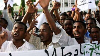 Protestors in Khartoum chant slogans against the ICC's arrest warrant for the Sudanese president Omar Hassan al Bashir.