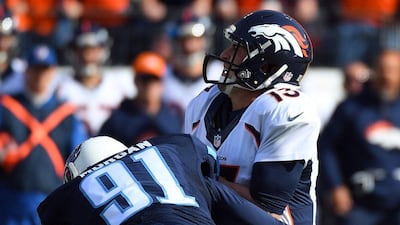 Denver Broncos quarterback Trevor Siemian is sacked against the Tennessee Titans last weekend. Christopher Hanewinckel / USA Today Sports / December 11, 2016