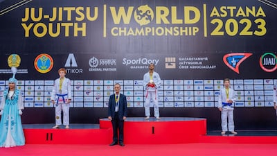 UAE's Ahmed Al Shamsi on the podium at the JJIF Youth World Championships in Kazakhstan. Photo: UAEJJF