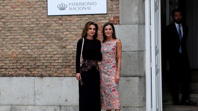 Queen Letizia of Spain welcomes Queen Rania. Reuters