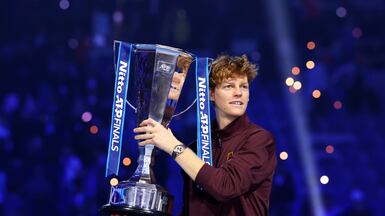 Jannik Sinner after defeating Carlos Alcaraz to clinch the ATP Finals title in Turin. Getty Images