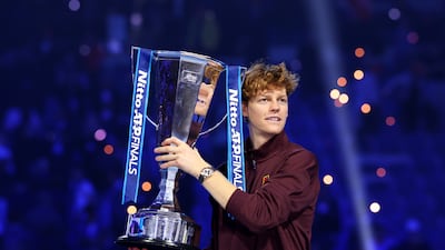 Jannik Sinner after defeating Carlos Alcaraz to clinch the ATP Finals title in Turin. Getty Images