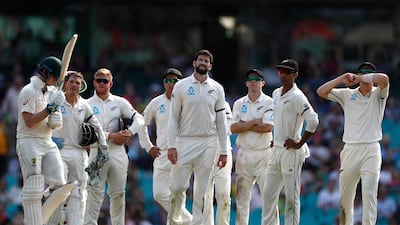 New Zealand players after a DRS referral against Marnus Labuschagne was turned down. Getty