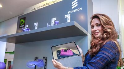Maya Moukbel of Erisson UAE presents Industry 4.0 Augmented Reality to the visitors of the event.