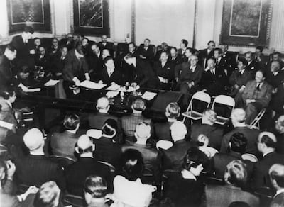 The signing of the Bretton Woods Agreements in July 1944. The Bretton Woods era and the Marshall Plan set the stage for the post-Second World War economic order. Getty Images