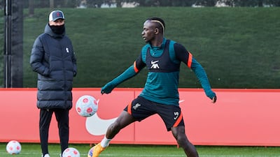 Liverpool attacker Sadio Mane during training in Kirkby, England. Getty