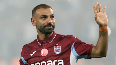 Trabzonspor's Egyptian forward Mohamed Salah gestures during his signing cerenomy at the Papara Park Stadium in Trabzon on August 6, 2026. Former Liverpool star Mohamed Salah on August 6, 2026 signed a two-year contract with Turkish club Trabzonspor after leaving the Premier League giants at the end of his contract. (Photo by Nurgul GUNAYDIN / AFP)