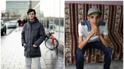 Pictures of Omar Alshogre, a 21-year Syrian former detainee of Syrian 'slaughterhouse' Saidnaya prison in Damascus, is now living in Stockholm, Sweden. The picture on the left shows Alshogre in January 2017 in Stockholm, Sweden. The picture on the right is of Alshogre in July 2015 in Antakya, Turkey, a month after he got out of Saidnaya prison, near Damascus. Omar Alshogre via AP