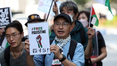 Pro-Palestinian activists protest through the streets of Ginza. Tokyo, Japan. Chris Whiteoak / The National