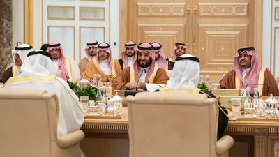 HH Sheikh Mohamed bin Zayed Al Nahyan, Crown Prince of Abu Dhabi and Deputy Supreme Commander of the UAE Armed Forces (not shown) and HRH Prince Mohamed bin Salman bin Abdulaziz, Crown Prince, Deputy Prime Minister and Minister of Defence of Saudi Arabia (2nd R), chair a meeting of the Saudi-Emirati Coordination Council during a state visit reception, at Qasr Al Watan. Ministry of Presidential Affairs