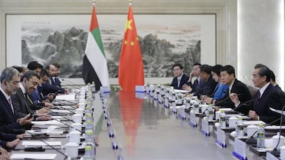 China’s foreign minister Wang Yi, right, meets Sheikh Abdullah at the Ministry of Foreign Affairs on May 2, 2017 in Beijing, China. Jason Lee / Getty Images