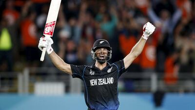 Grant Elliot celebrates after hitting the winning runs to lead New Zealand into the Cricket World Cup 2015 final. Nigel Marple / Reuters