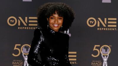 Yara Shahidi, in black sequinned Balmain, during the 50th NAACP Image Awards on March 30, 2019. EPA