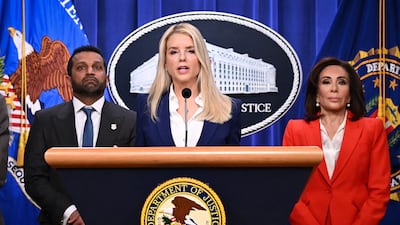 US Attorney General Pam Bondi, centre, FBI director Kash Patel, left, and US attorney for the District of Columbia Jeanine Pirro announce the arrest linked to the Benghazi attack, in Washington. AFP