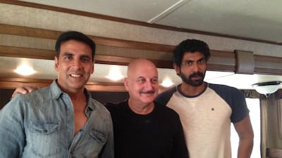 Akshay Kumar, Anupam Kher and Rana Daggubati on the set of Baby. Christine Iyer / The National