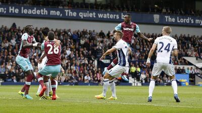 West Ham United’s Michail Antonio scores their first goal against West Brom. Matthew Childs / Action Images / Reuters