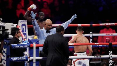 Terence Crawford celebrates winning the fight. Reuters