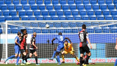 Hoffenheim's forward Ihlas Bebou, centre, misses a chance against Hertha Berlin in Sinsheim on Saturday. Hertha Berlin won the match 3-0. AP