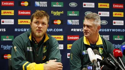 South Africa's Duane Vermeulen and head coach Heyneke Meyer during a press conference. Andrew Boyers / Reuters