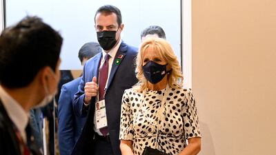 Jill Biden rewears a monochrome polka dot Brandon Maxwell dress prior to the opening ceremony of the Tokyo 2020 Olympic Games on July 23, 2021 in Japan. Getty Images