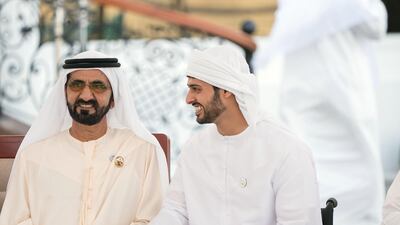 Sheikh Mohammed bin Rashid, Vice President and Ruler of Dubai, and Sheikh Zayed bin Hamdan bin Zayed Al Nahyan (R), attend a Sea Palace barza. Rashed Al Mansoori / Crown Prince Court - Abu Dhabi