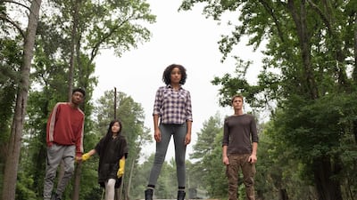 L-R: Chubs (Skylan Brooks), Zu (Miya Cech), Ruby (Amandla Stenberg) and Liam (Harris Dickinson) in 'The Darkest Minds'. Daniel McFadden.