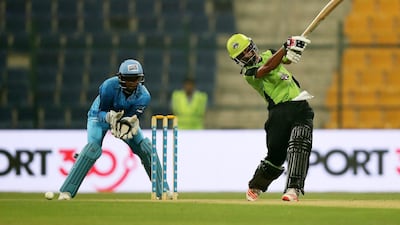 Mohammad Faizan of Lahore Qalanders hits a shot. Pawan Singh/The National