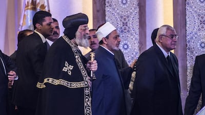 From left: Pope Tawadros II of Alexandria, leader of Egypt’s Coptic Church, Sheikh Ahmed Al Tayeb, Grand Imam of Al Azhar, and Egypt’s former interim president, Adly Mansour. Khaled Desouki / AFP