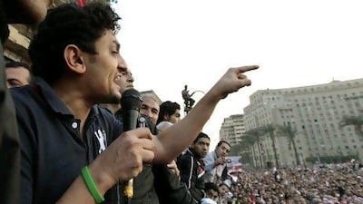 Wael Ghonim addresses a crowd inside Tahrir Square in Cairo in February. Reuters